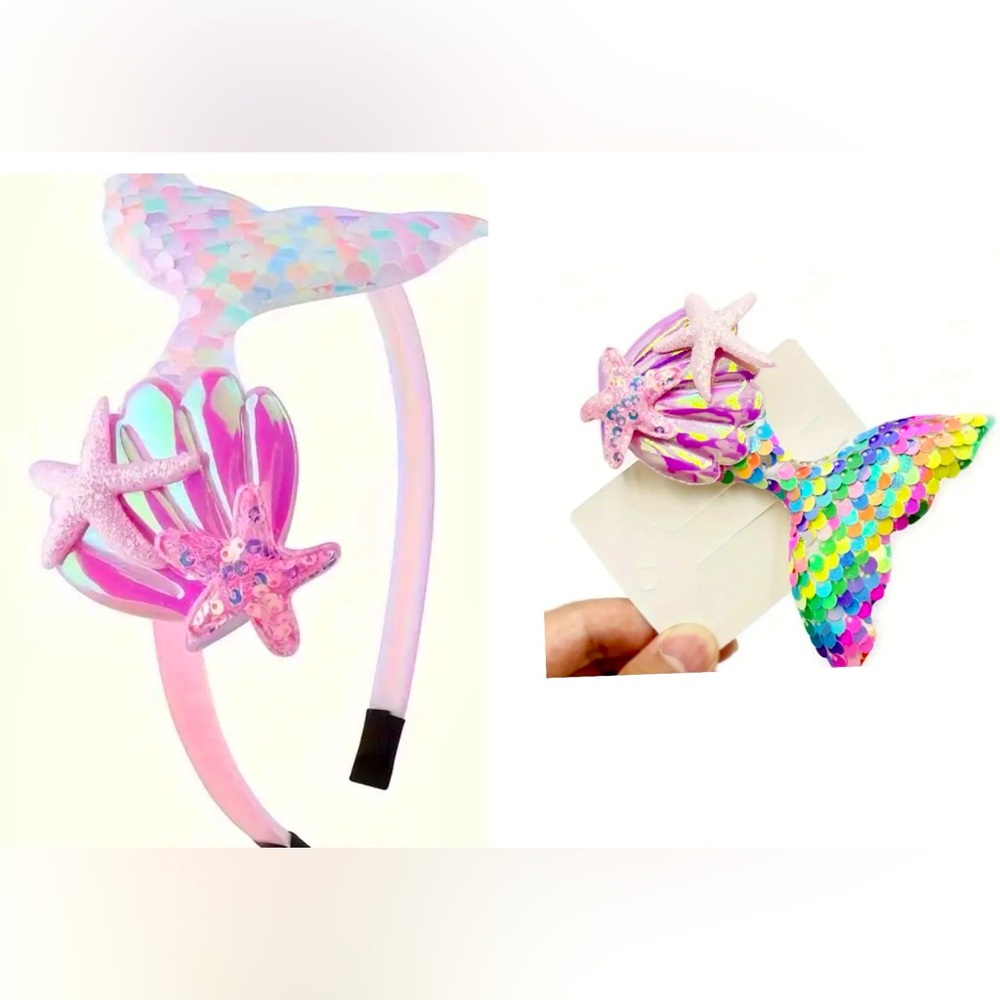 2 Pc Pink Sequin Mermaid Tail Hair Band and Clip